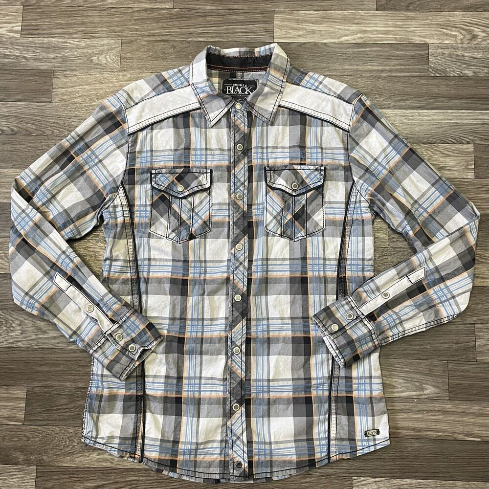 Buckle Black Pearl Snap Shirt Men’s Large Slim Fit  Long Sleeve Western Plaid